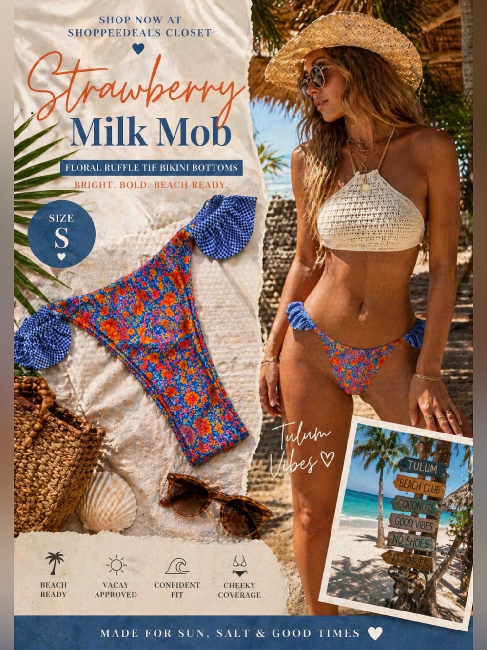 Strawberry Milk Mob Floral Bikini Bottoms Ruffle Tie Side Blue Orange Small